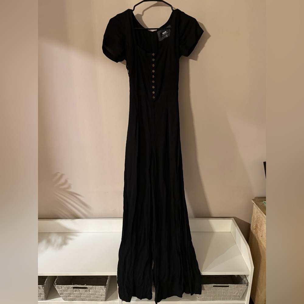 Maeve Anthropologie Black Wide Leg Jumpsuit Button Front Lace Up Back Womens 2